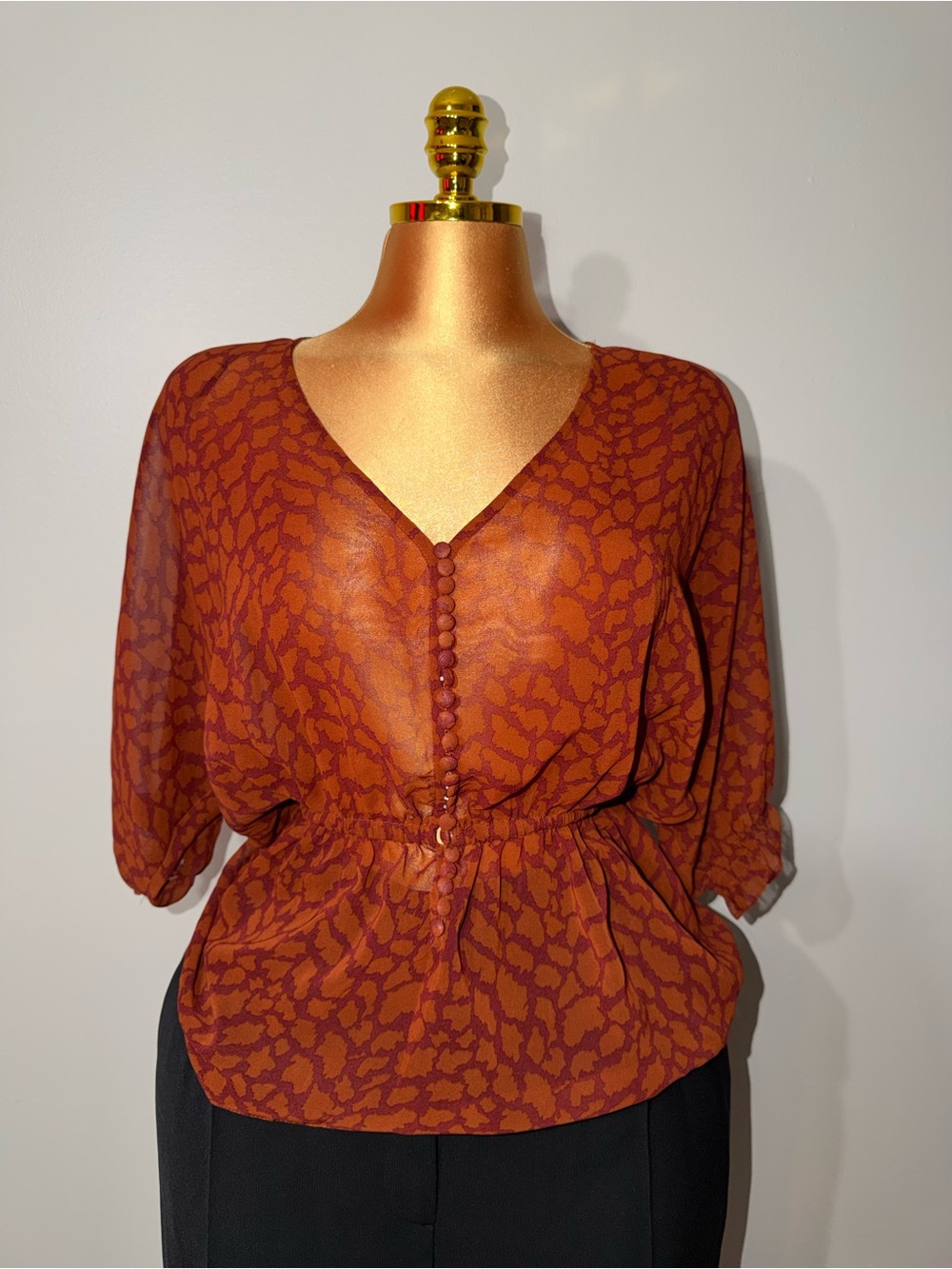 Forever 21 Rust Printed V-Neck Buttoned Blouse